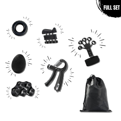 Full set of grip training tools for MMA and combat athletes to strengthen hand, fingers, and forearms, with carry pouch.