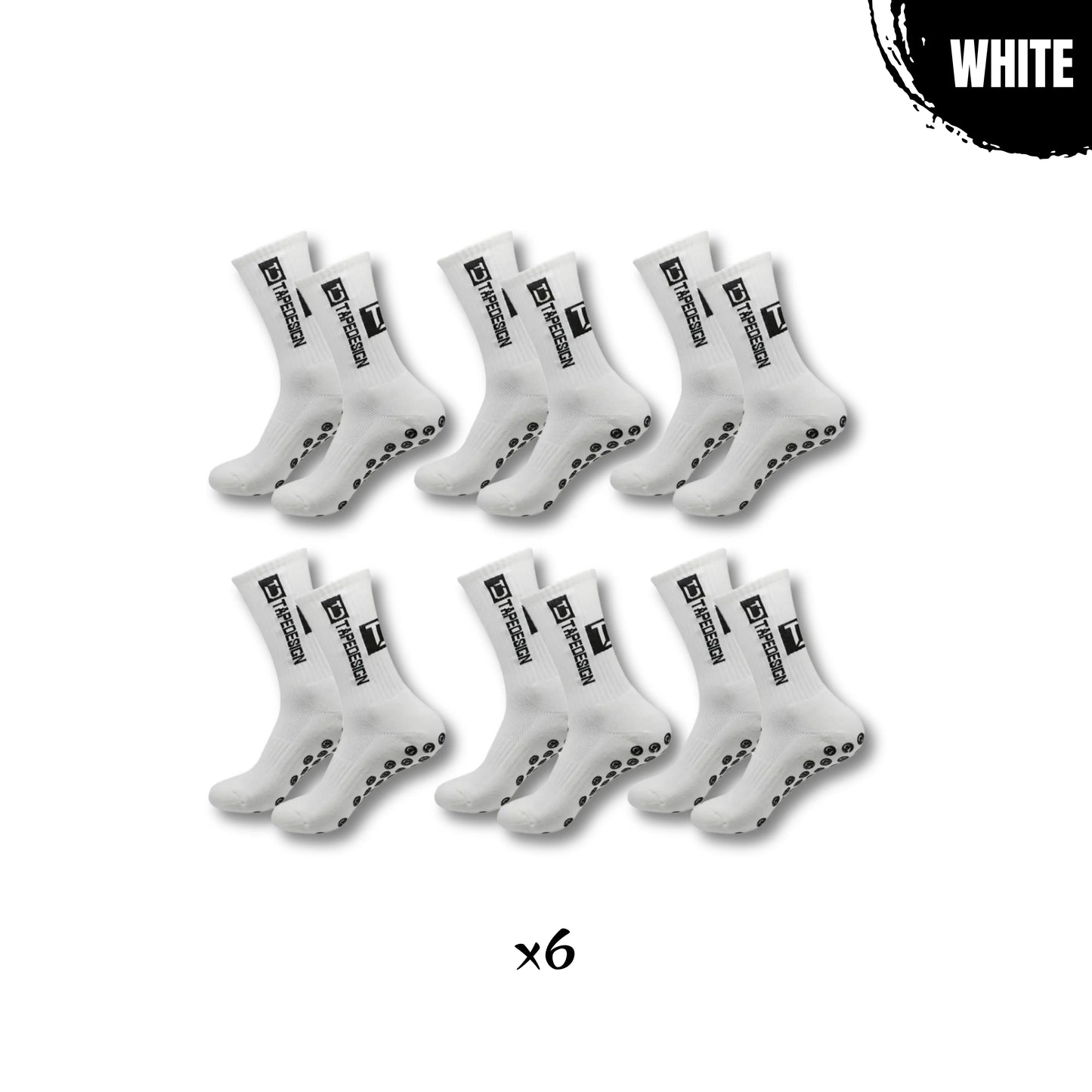 Set of 6 pairs of white non-slip performance socks – designed to lock you in and maximize foot grip.