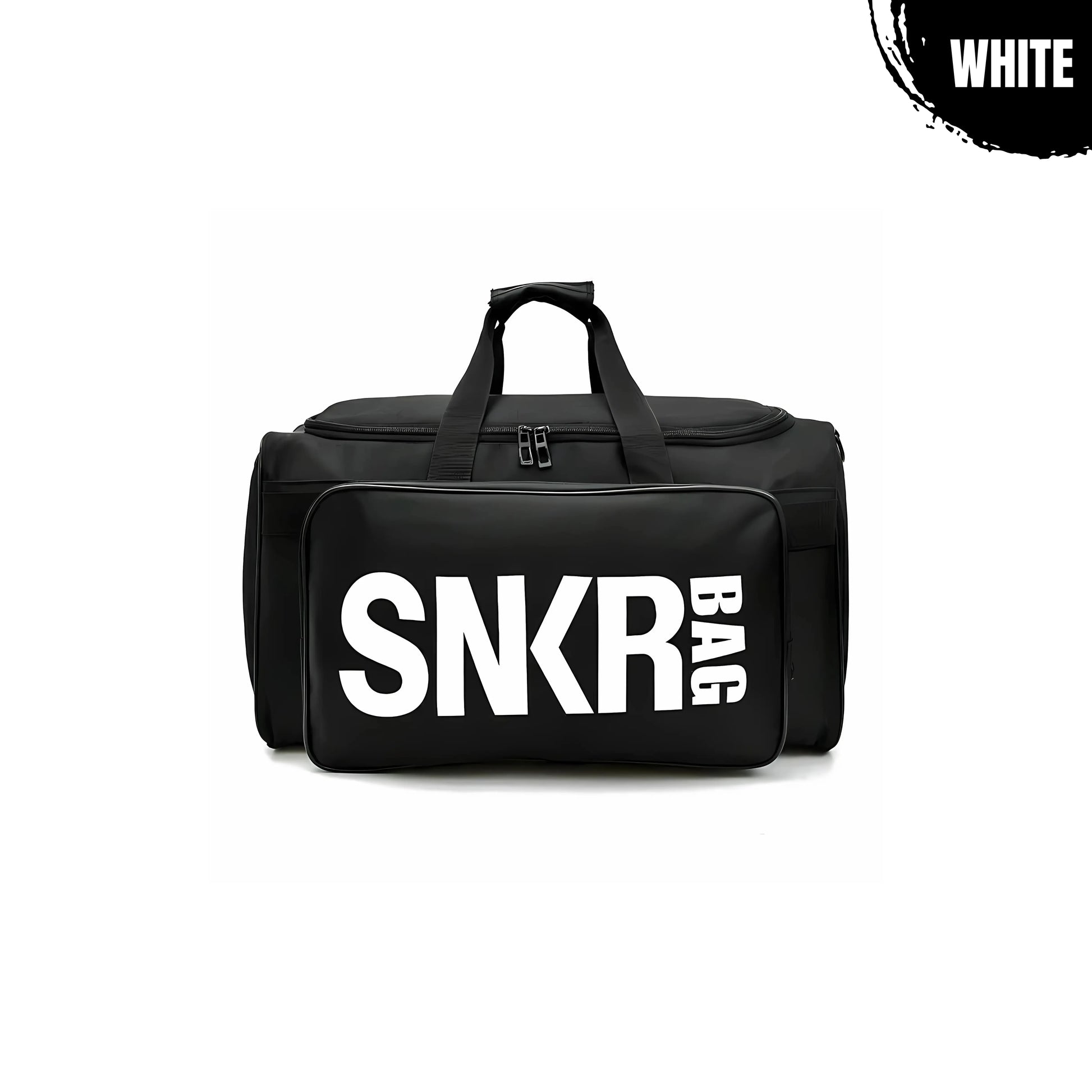 Black duffle sports bag with white front print, designed for combat athletes needing organized space for gear, gloves, and shoes.