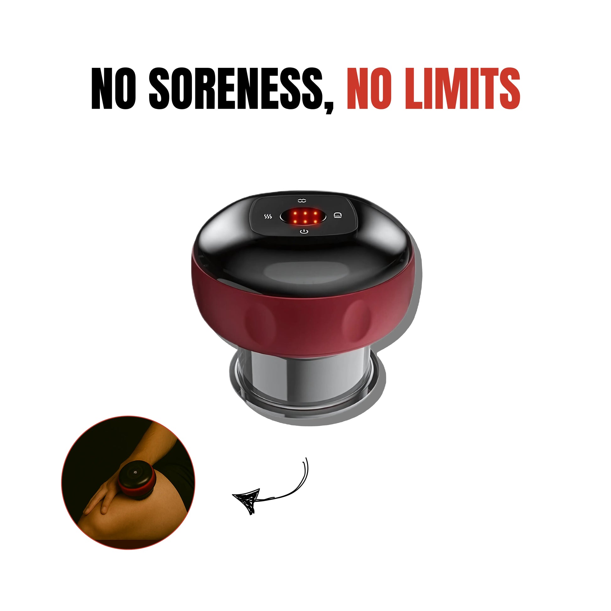 Red electric massage cup device with digital display, shown in a muscle recovery context with the slogan “No Soreness, No Limits”.