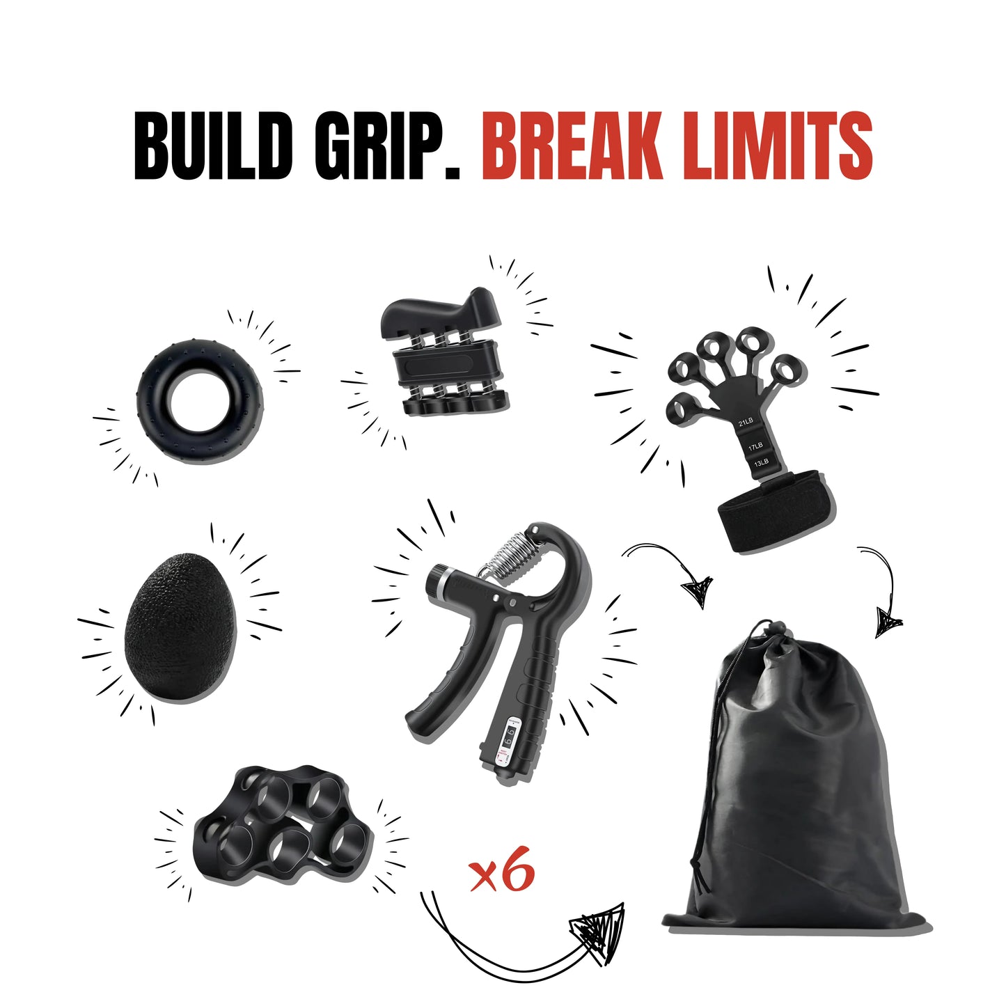 Complete grip strength training set with 6 tools for hand, finger, and forearm power, ideal for MMA fighters and boxers